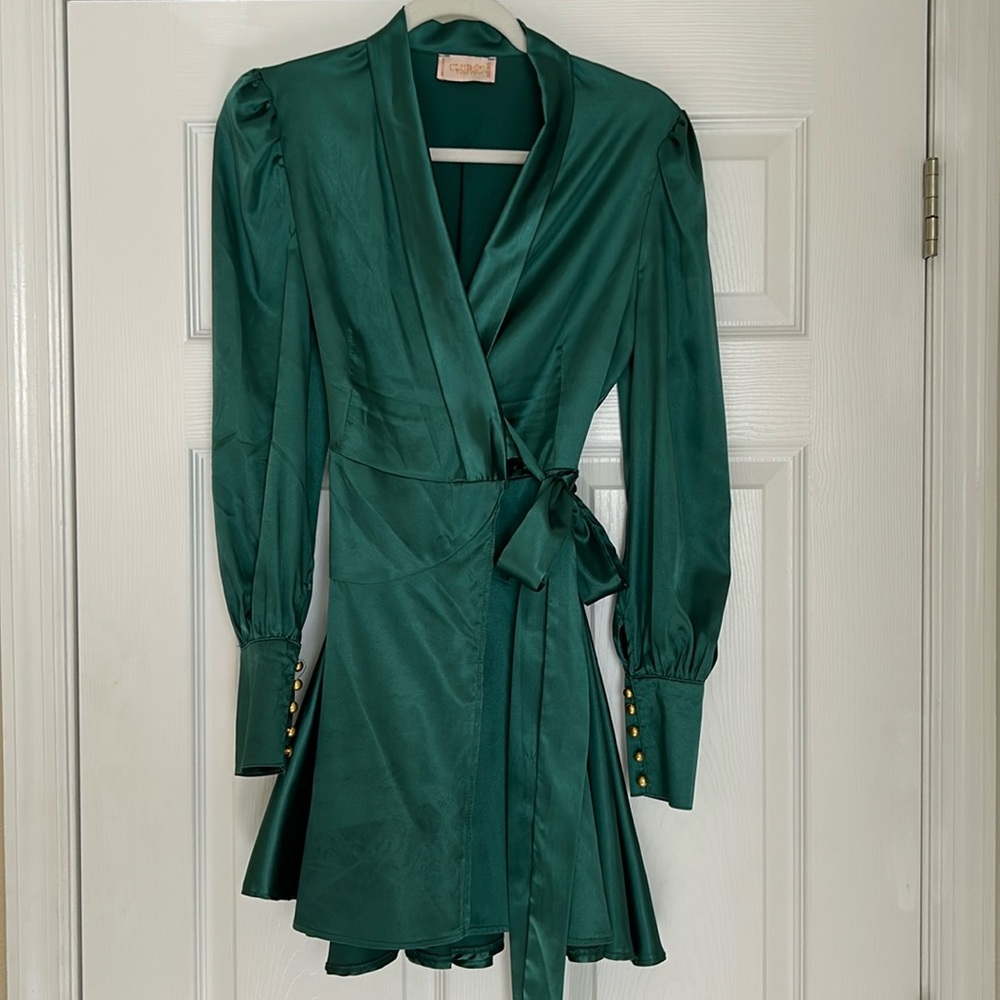 Club L emerald green satin wrap dress